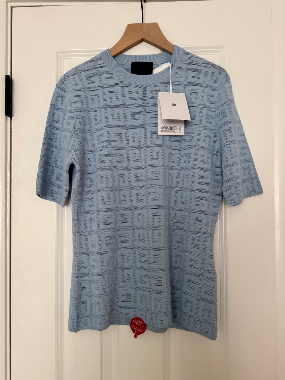 NWT Givenchy 4G Monogram Short Sleeve Sweater Baby Blue Size L